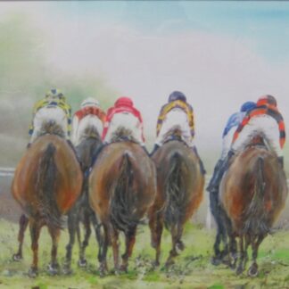 Original Irish equine painting. This is a painting of horse racing that captures the beautiful movement of the horses as they’re about to turn a bend.